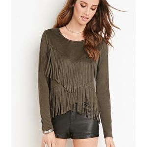 Forever 21 Green Faux Suede Fringe Top